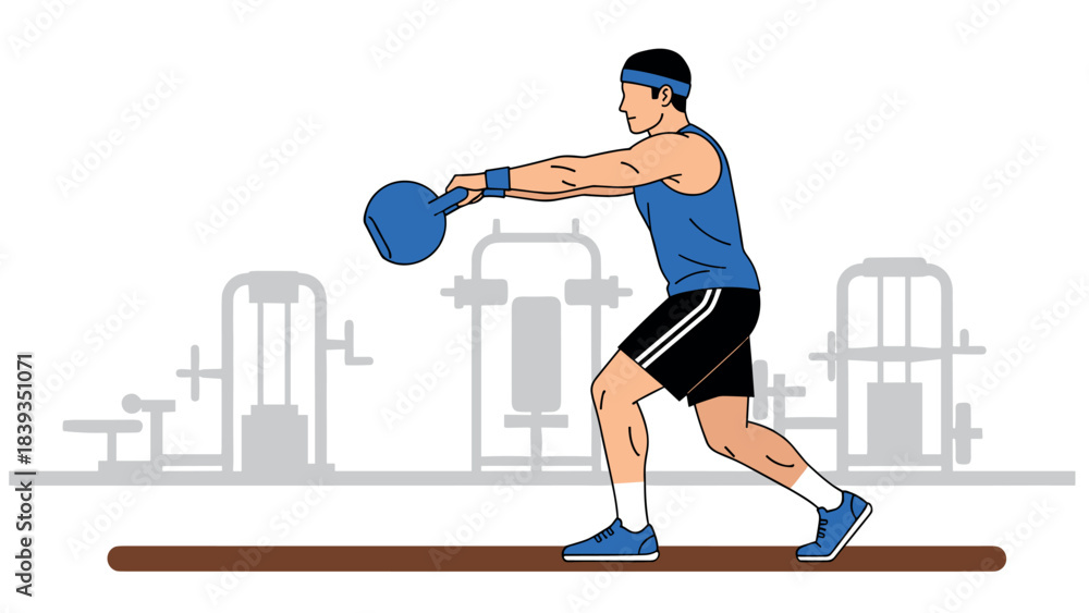 Fototapeta premium Fitness enthusiast swinging kettlebell in gym with equipment background