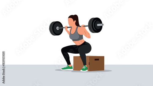 Woman performing box squat with barbells in flat style