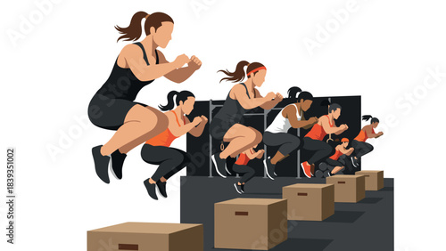 Dynamic group fitness training: women performing box jumps in modern gym setting