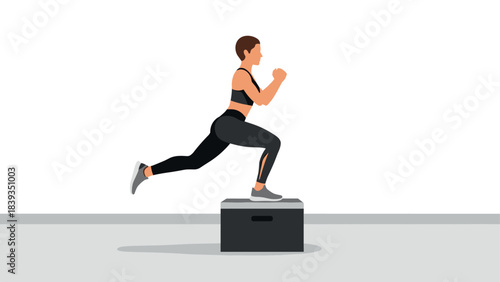Woman exercising with box, performing step-up jump, fitness and workout concept