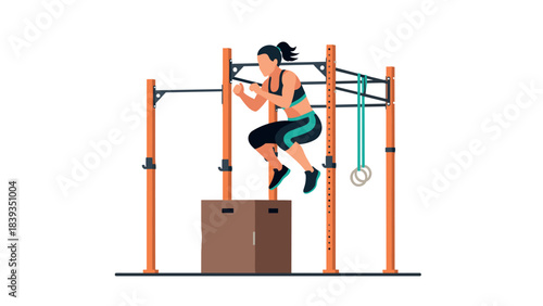 Woman training on crossfit structure with rings and boxes in flat design