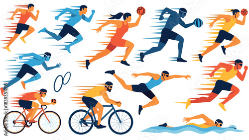 Dynamic sports figures in motion: flat style illustrations of runners, cyclists, swimmers, and players