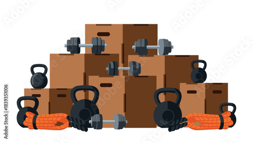 Home gym essentials with dumbbells kettlebells and rope in carton box setup