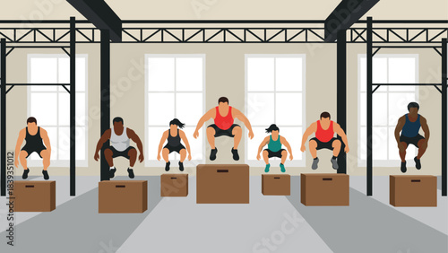 Indoor group box jump workout in modern gym setting