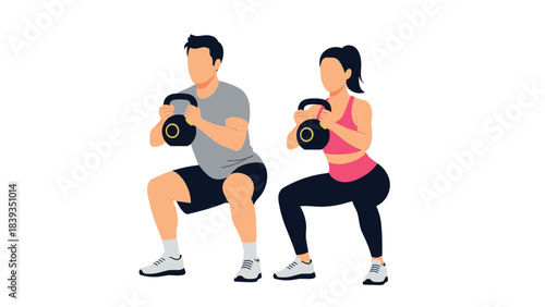 Fitness couple exercising with kettlebells in flat style workout graphic