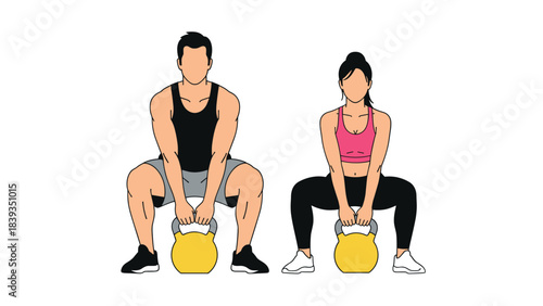 Fitness duo performing squats with kettlebells in bold minimalist style