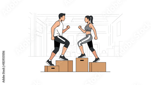 Couple engaging in box step workout in modern gym setting