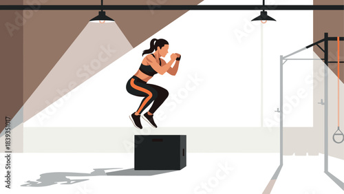 Woman jumping on plyometric box in modern gym setting