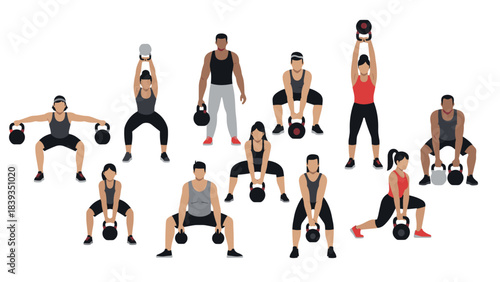 Diverse group engaged in kettlebell workout with various exercise poses
