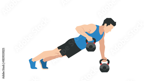 Man performing renegade rows with kettlebells in flat style