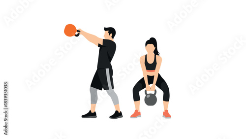 Fitness workout: man and woman exercising with weights in flat design