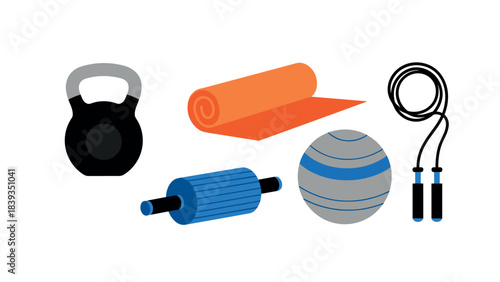 Flat fitness equipment set featuring kettlebell, jump rope, and yoga mat