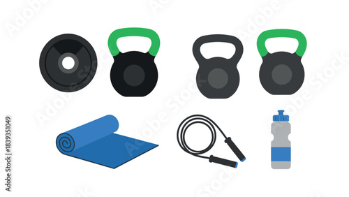 Flat style fitness equipment: kettlebells, weights, yoga mat, jump rope, water bottle