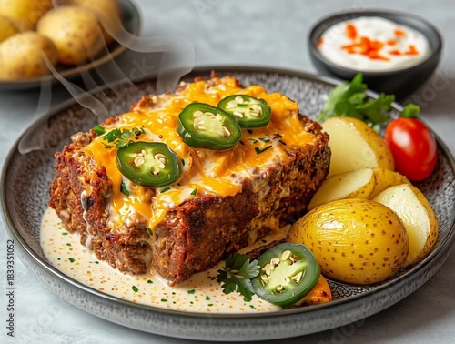 Delicious meatloaf with cheddar cheese and jalapeño toppings served with roasted potatoes