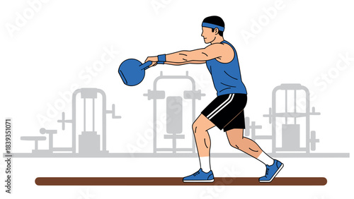 Fitness enthusiast swinging kettlebell in gym with equipment background