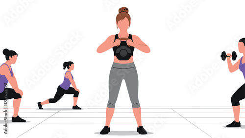 Diverse women's workout routine with dumbbells in flat style illustration