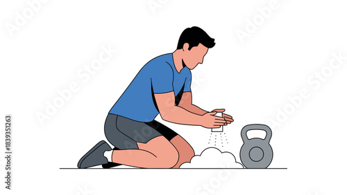 Fitness enthusiast prepares for workout with kettlebell and chalk