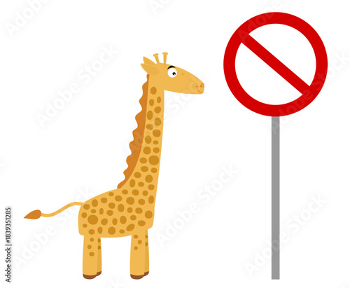 Cute giraffe on profile with prohibition sign on white background - vector