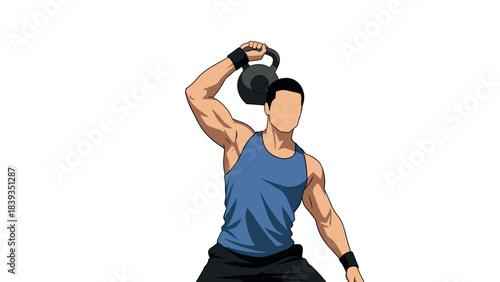 Faceless man exercising with kettlebell in dynamic pose