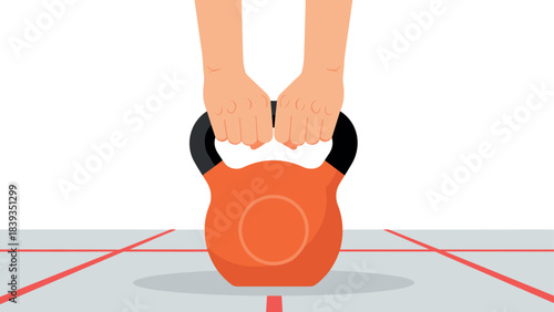 Hands holding kettlebell on gym floor - fitness and strength training concept