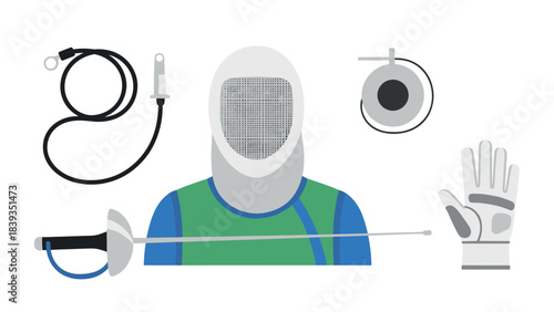 Fencing gear essentials: epee mask glove and cord set in flat design
