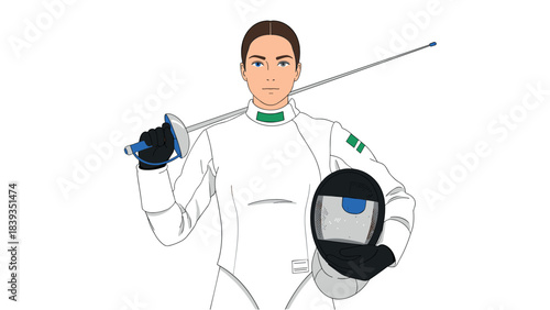 Female fencer holding foil and helmet in stylish uniform