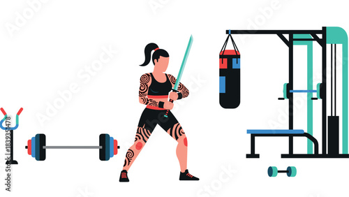 Woman practicing sword martial arts in gym with fitness equipment