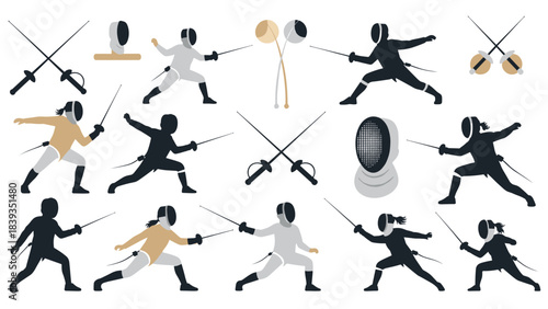 Dynamic fencing silhouettes and equipment in flat design