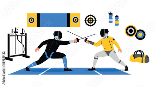 Dynamic fencing duel with sports gear and accessories in modern flat design