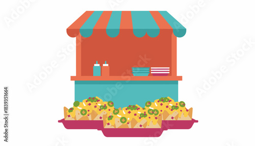 A festive popup stand specializing in loaded nachos overflowing with cheese jalapeños and fresh salsa served on vibrant disposable trays.