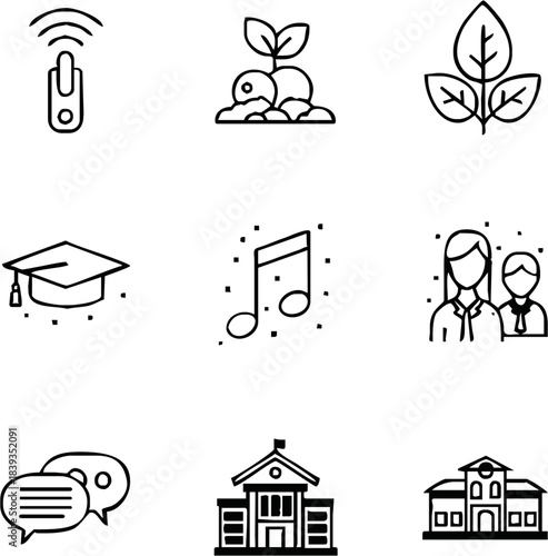 Essential black and white line icons covering education technology nature communication and community for modern design projects