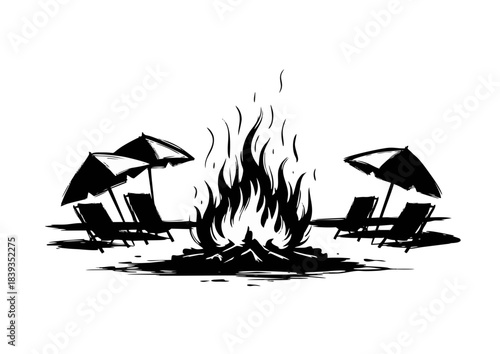 Campfire in black and white style with sun loungers and umbrellas, perfect for summer concept