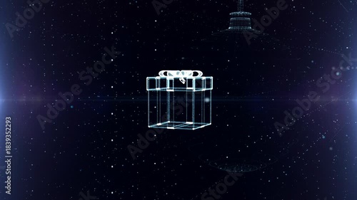 A Christmas digital projection in which Christmas symbols appear one by one on a black background