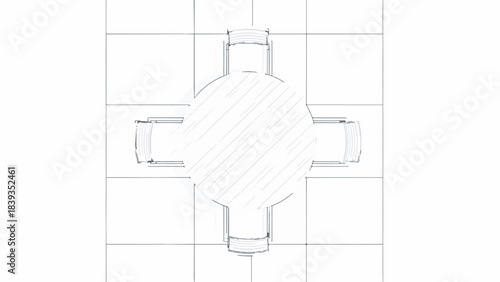 Blueprint Style Cross Shape with Circular Center on Grid Background Illustration