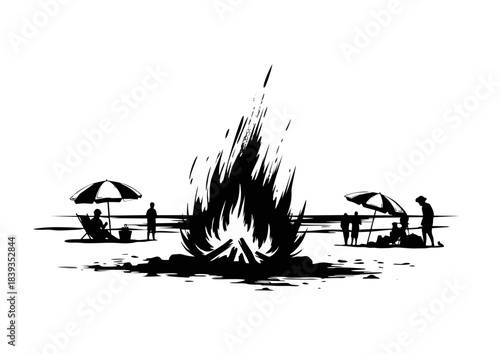 Campfire in black and white style with sun loungers and umbrellas, perfect for summer concept