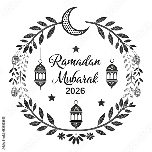 Ramadan mubarak decorative wreath with crescent moon and lanterns