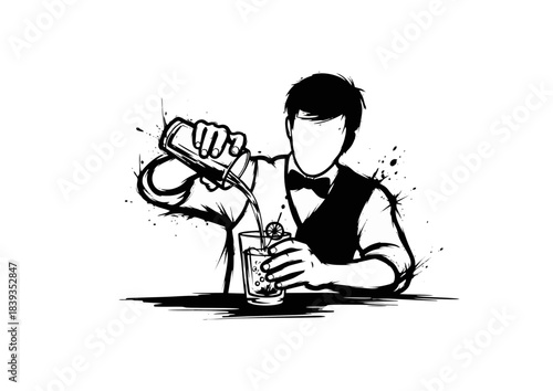Bartender mixing cocktails with shaker, depicted in black and white style for celebration concept