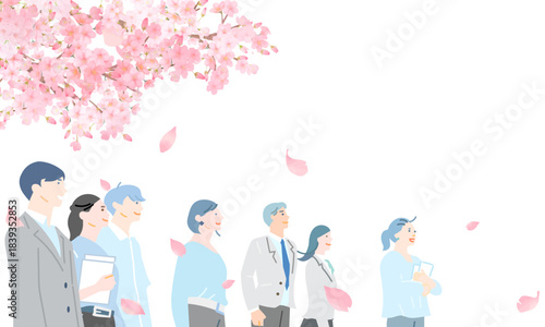 桜の下にいる男女ー横顔ー上半身ー新生活ー桜舞い散る背景と人物シンプルベクターイラスト素材