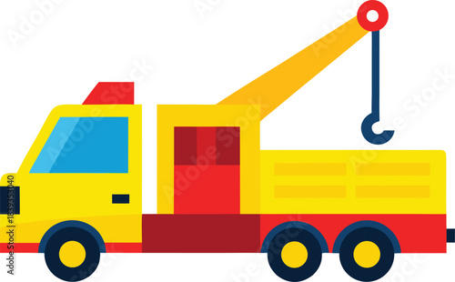 Bright yellow cartoon tow truck illustration with lifting hook
