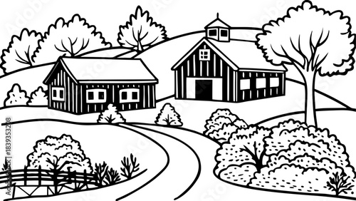 Very beautiful Sleepy Hollow Farm in Vermont, surrounded by brilliant fall foliage, rustic barns, winding path, and peaceful countryside atmosphere under soft warm light.