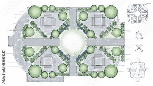 Architectural Top View Landscape Plan Illustration with Green Trees and Structured Pathways