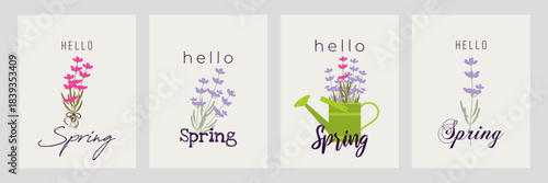 Hello spring seasonal banners collection with lavender. Flat style vector illustration on the background of the color of the year 2026.