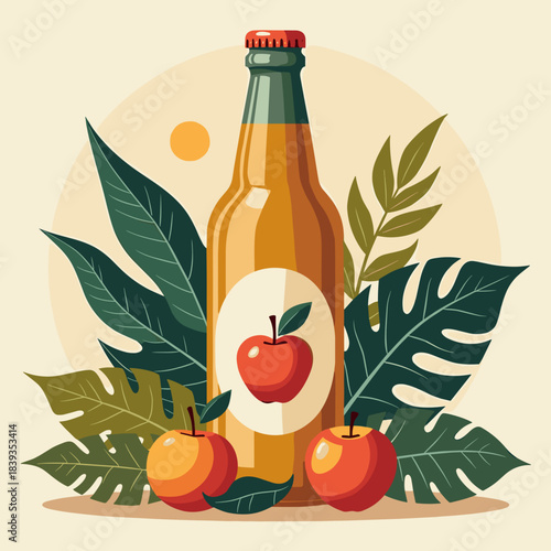Apple-flavored beverage bottle surrounded by tropical leaves and fruits  