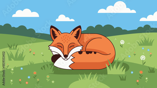 A cute cartoon illustration of a red fox and a funny kitten playing with a butterfly in a grassy meadow field near a wild forest tree