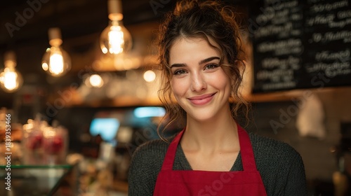 Young Woman Smiling in Cafe Wearing Red Apron in Warm Interior