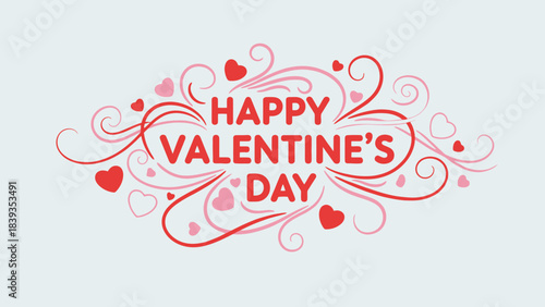 Happy Valentine's Day text with decorative swirls and hearts.