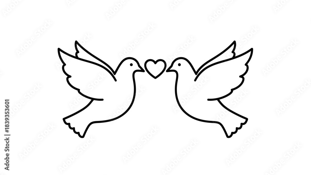 Naklejka premium Two white doves with a heart between them, symbolizing love, peace, and unity in a simple line art illustration.