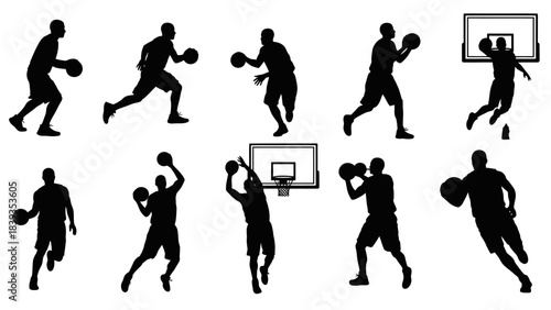 Silhouettes of basketball players in various action poses, including dribbling, shooting, and running with the ball, against a white background.