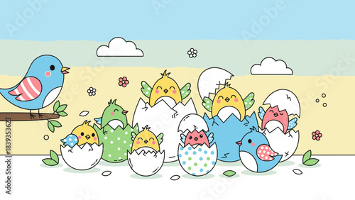 A charming illustration of a blue bird perched on a branch, observing a group of newly hatched chicks emerging from colorful Easter eggs.