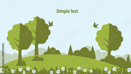 A stylized, minimalist illustration of a serene landscape with rolling green hills, silhouetted trees, and small white flowers.